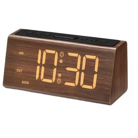 Reloj despertador de madera – Reloj despertador digital con doble alarma, función de repetición, 4 niveles de brillo y volumen, puerto de carga USB, botón de horario de verano, visualización de la hor