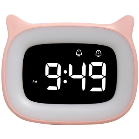 Reloj despertador digital ajustable, función de memoria, luz cálida para el hogar y la oficina, 5 niveles de brillo con 18 sonidos musicales, color rosa.