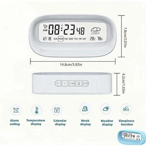 Reloj despertador digital blanco con luz nocturna y pantalla de temperatura volumen alto, adecuado para uso de adultos en el dormitorio.