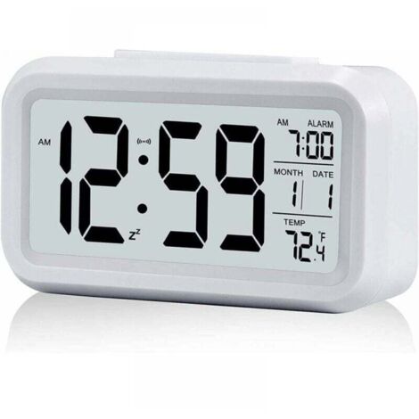 Reloj despertador digital blanco de pieza, despertador matutino, reloj digital a pilas, despertador silencioso para niños y adultos, gran pantalla LED, calendario de temperatura
