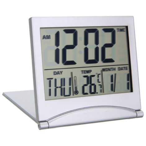 Reloj despertador digital con cronógrafo: 1 caja de plástico plegable (8,5 x 7,7 x 1,2 cm), indicador de temperatura ambiente, 8 melodías, función de repetición de alarma, incluye pila CR2505.