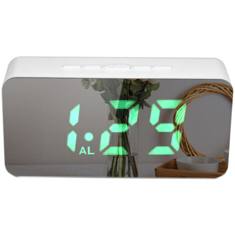 Reloj despertador digital con espejo LED RGB multicolor, termómetro integrado, alimentación USB/pilas, brillo ajustable, 3 alarmas, función de repetición y carga USB - Blanco