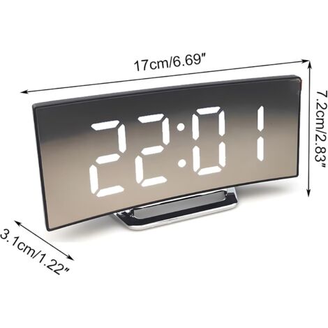 Reloj despertador digital con gran pantalla LED curva y superficie espejada. Formato de 12/24 horas para uso doméstico (blanco).