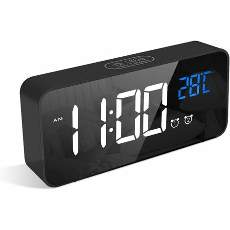 Reloj despertador digital con gran pantalla LED de temperatura, alarma de espejo portátil con alarma doble, tiempo de repetición, 4 niveles, atenuador de brillo ajustable, conexión de carga de música
