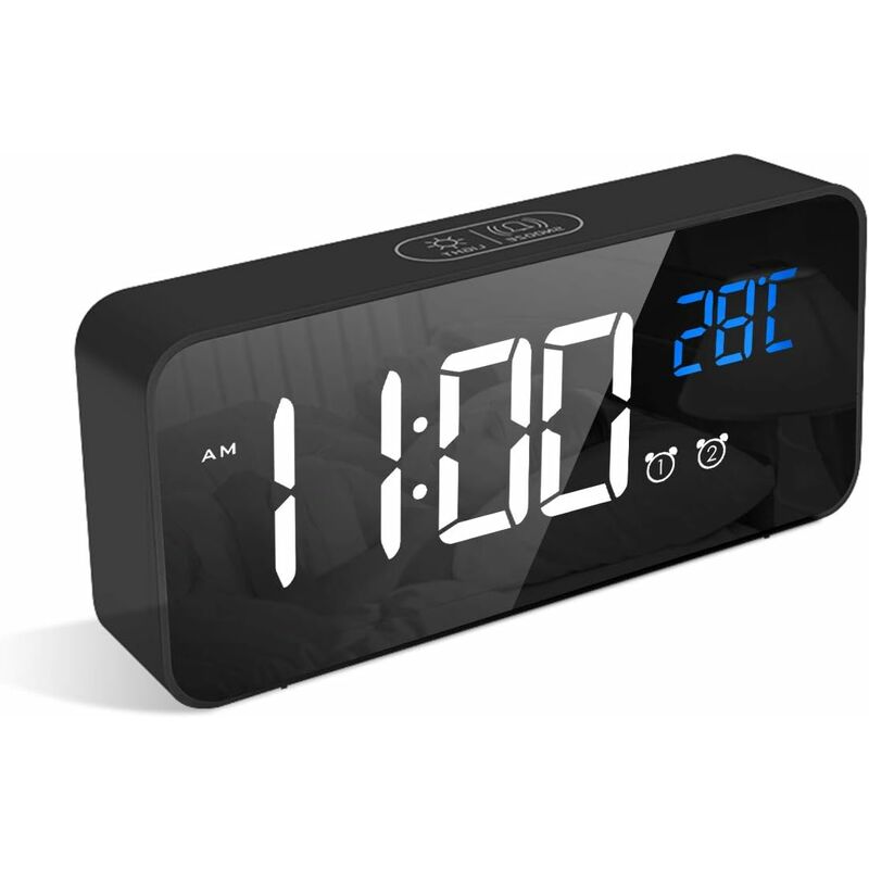 

Reloj despertador digital con gran pantalla LED de temperatura, alarma de espejo portátil con alarma doble, tiempo de repetición, 4 niveles,