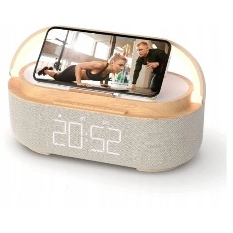 Reloj despertador digital con radio FM y carga inalámbrica, multifuncional con puerto de carga USB, altavoz Bluetooth, pantalla LED, lámpara con soporte para teléfono móvil, M