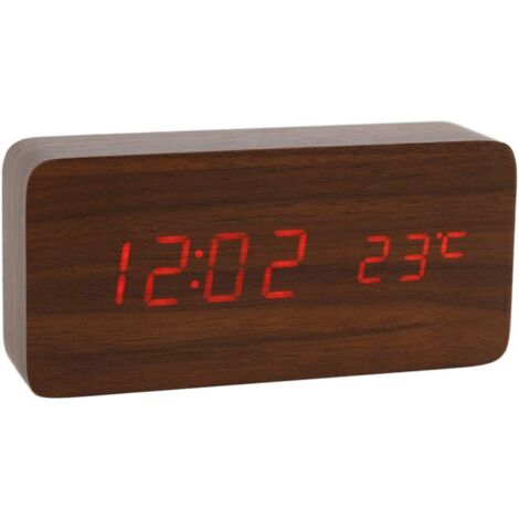 Reloj despertador digital de madera con pantalla de temperatura, pantalla LED de fecha de 12/24 horas, para el hogar, el dormitorio y la habitación de los niños (AC11, marrón y rojo)