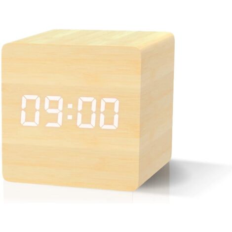 Reloj despertador digital de madera natural, LED con fecha y temperatura, 3 alarmas, 4 niveles de brillo y alimentación por USB o pilas.