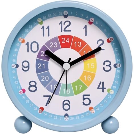Reloj despertador digital infantil - Sin tictac, educativo, analógico, con movimiento de cuarzo y luz nocturna - Funciona con pilas - Azul