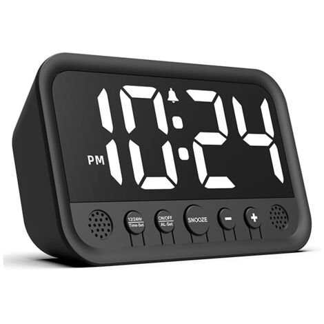 Reloj despertador digital KCVVLED: pantalla LED grande, función de repetición de alarma, alimentación por USB-C/pilas, 12,5 x 10,25 x 4,2 cm, volumen ajustable de 65 a 85 dB, brillo ajustable.