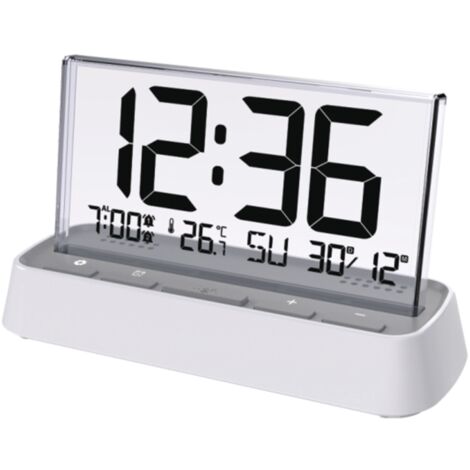 Reloj despertador digital LCD con pantalla transparente que muestra la fecha, el día de la semana y la temperatura, doble alarma, formato de 12/24 horas y función de repetición de alarma. Reloj de mes