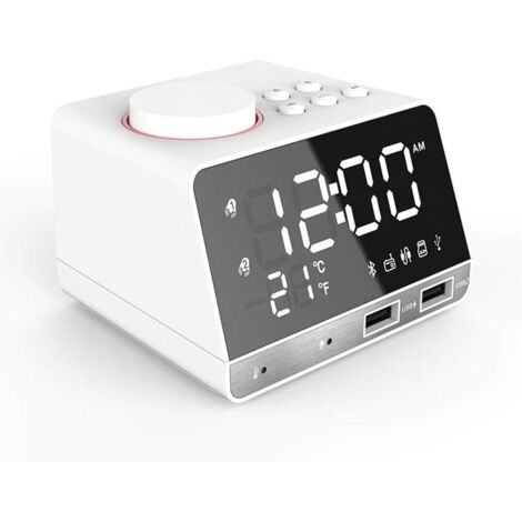 Reloj despertador digital LED, altavoz Bluetooth con graves potentes, radio FM, 2 cargadores USB, reloj de mesita de noche, reproductor de música, función de repetición de alarma, control de temperatu