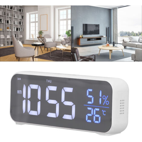 Reloj despertador digital LED con música USB e indicador de temperatura ambiente, ABS blanco, 16,5 x 6,3 cm