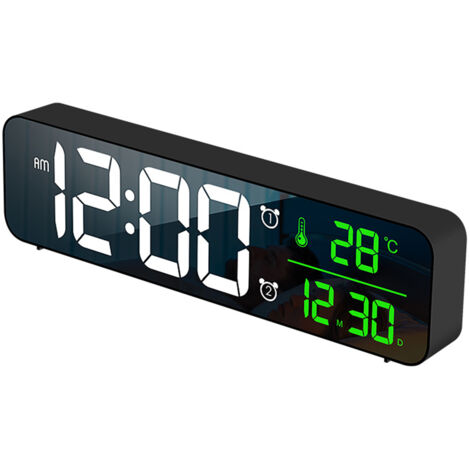 Reloj despertador digital LED con termómetro, 2 alarmas, 5 niveles de brillo, 40 tonos de llamada, música, montaje en pared, carga USB.
