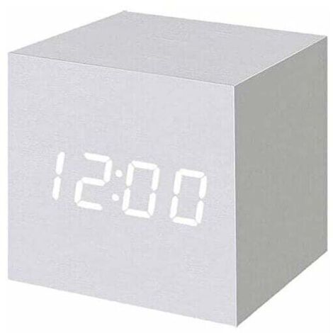 Reloj despertador digital LED de madera, reloj digital cúbico con visualización de fecha y temperatura, conexión USB/batería (blanco)