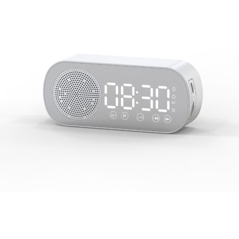 Reloj despertador digital LED inalámbrico, altavoz con Bluetooth, radio FM, pantalla grande, funciona con pilas, para dormitorio, sala de estar y oficina (blanco)