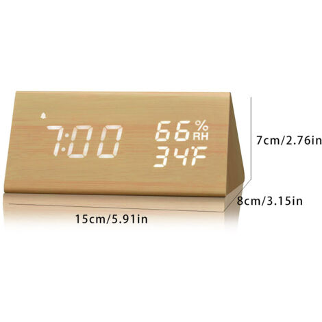 Reloj despertador digital LED inteligente: multifuncional, control por voz, diseño de madera natural, ajuste automático de luz, alimentación USB.