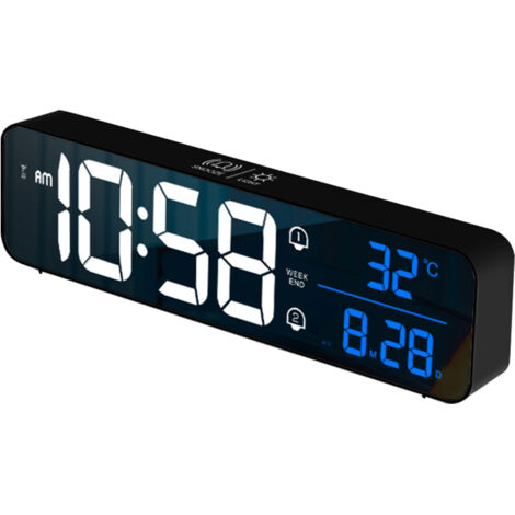 Reloj despertador digital LED montaje pared  Termómetro y 2 alarmas  Función repetición  5 niveles brillo  Espejo y USB  Para dormitorio y escritorio