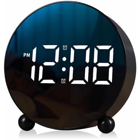 Reloj despertador digital LED redondo: pequeño reloj digital con doble campana, 3 niveles de brillo ajustables, reloj de escritorio silencioso, reloj despertador de mesita de noche para el dormitorio.