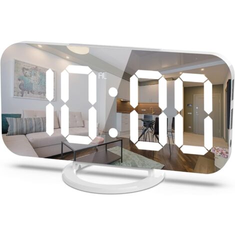 Reloj despertador digital, pantalla de 6,5" con atenuación, brillo ajustable, 2 puertos de carga USB (fondo blanco con texto blanco)