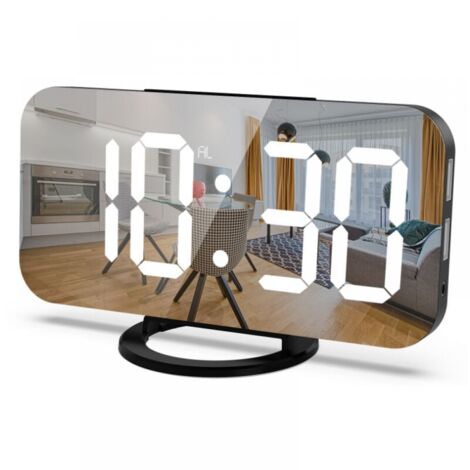 Reloj despertador digital, pantalla de 6,5" con atenuación, brillo ajustable, 2 puertos de carga USB (texto blanco sobre fondo negro)