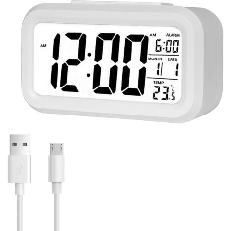Reloj despertador digital, pantalla LCD, hora, fecha, semana, temperatura, formato de 12/24 h, función de repetición, brillo ajustable, 8 tonos de llamada para casa y oficina (blanco)