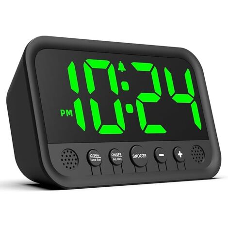 Reloj despertador digital, pantalla LED grande para dormitorio, volumen ajustable, función de repetición de alarma.