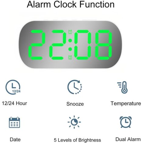 Reloj despertador digital pequeño con indicador de temperatura, fecha, modo nocturno, cinco niveles de brillo, doble alarma y función de repetición (luz blanca con luz verde).