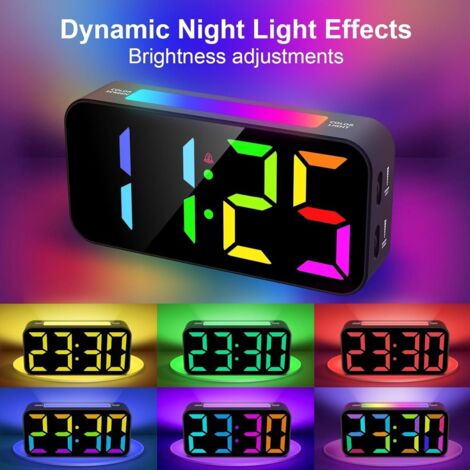 Reloj despertador digital - Reloj despertador RGB para dormitorio - Reloj despertador digital con fuente de alimentación y luz nocturna de 8 colores - Pantalla grande - Doble alarma - 3 niveles de vol