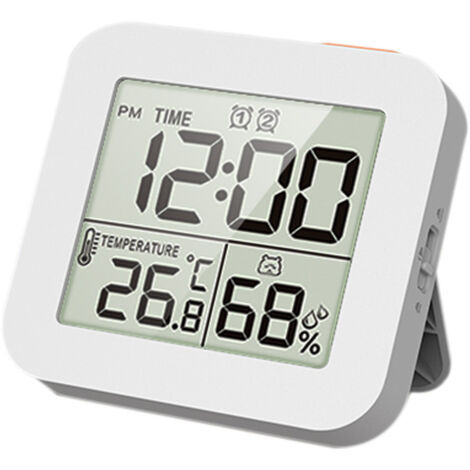 Reloj despertador digital resistente al agua, termómetro e higrómetro, medidor de humedad interior, monitor de temperatura y humedad, sensor indicador, pantalla LCD.