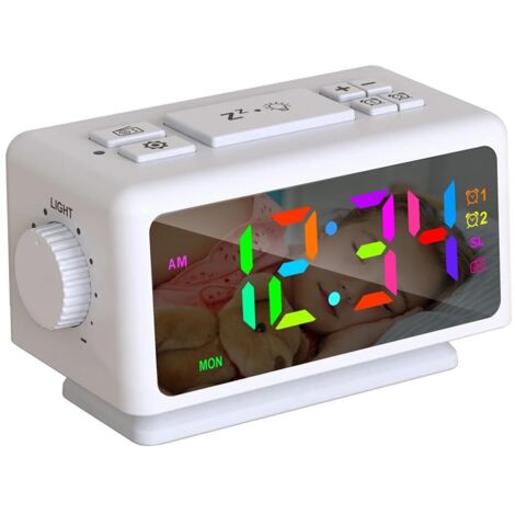 Reloj despertador digital RGB con radio FM, 2 puertos USB, temporizador y función de repetición de alarma (blanco)