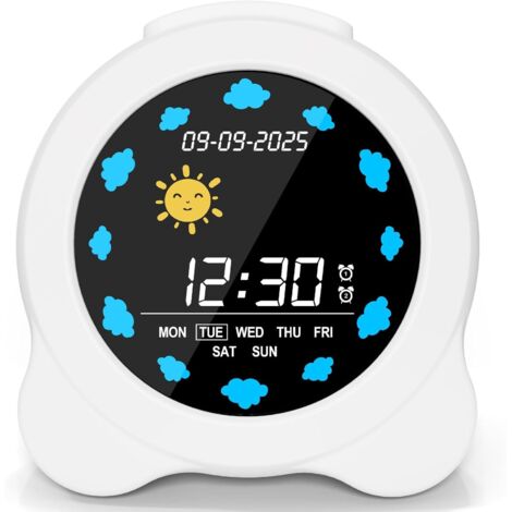 Reloj despertador educativo infantil de día y noche con icono de hora ajustable, 2alarmas, 3configuraciones de repetición, formato de 12/24horas, función de repetición, 6canciones, cargador incluido