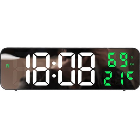 Reloj despertador electrónico con gran pantalla de espejo, pantalla digital LED, reloj despertador de silla, reloj despertador electrónico enchufable - carcasa negra, blanca y verde