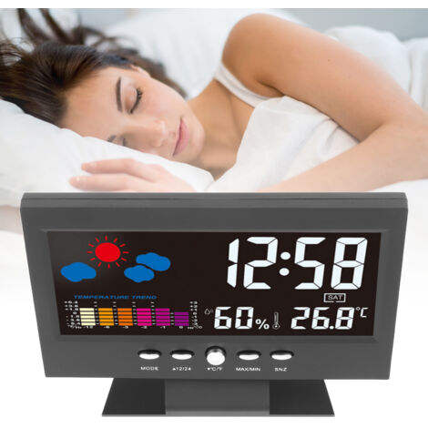 Reloj despertador electrónico con sonido, sensor de humedad y temperatura, pantalla negra para la decoración del dormitorio.
