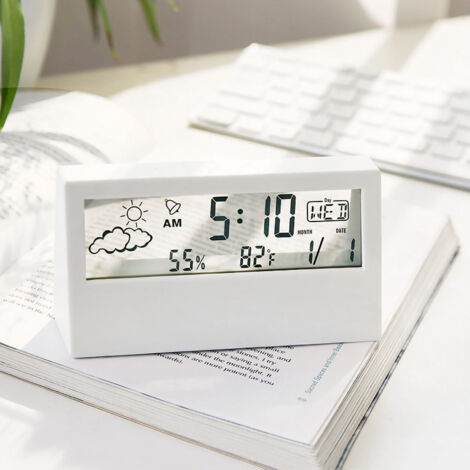 Reloj despertador electrónico digital LCD con termómetro e higrómetro – Carcasa de ABS blanco transparente – 130 g – Diseño minimalista – Pantalla clara – Múltiples alarmas – Cronómetro
