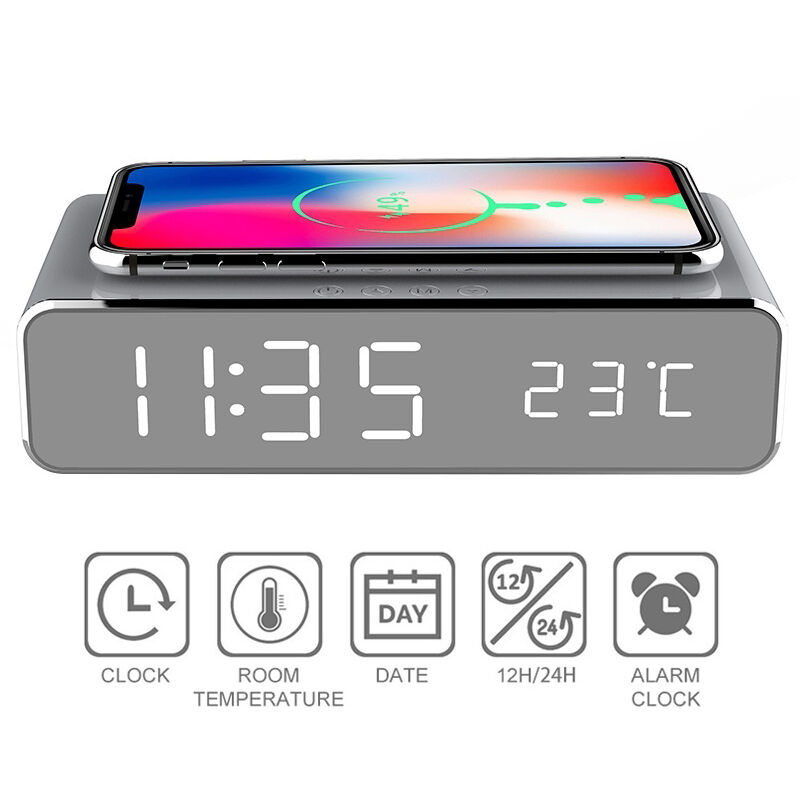 

Reloj despertador electrónico LED con teléfono Cargador inalámbrico Pantalla digital multifunción Reloj Termómetro Espejo decorativo Plata (Plata)