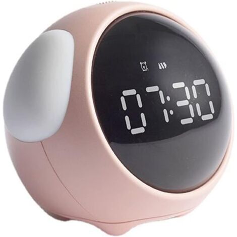 Reloj despertador infantil, adorable entrenador de sueño digital activado por voz, luz nocturna, detección de temperatura, función de repetición, recargable, rosa.