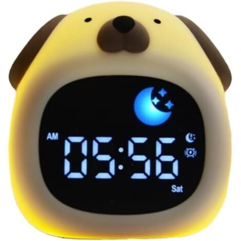 Reloj despertador infantil con luz, forma de perro, con luz nocturna de 8 colores, 6 tonos de blanco, reloj despertador digital, para dormitorio, para niñas y niños.