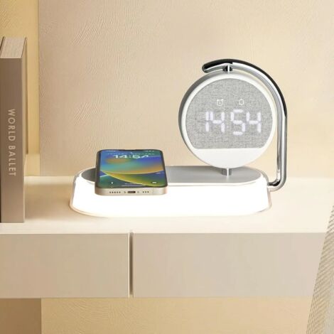 Reloj despertador inteligente con carga inalámbrica rápida y retroiluminación ajustable.