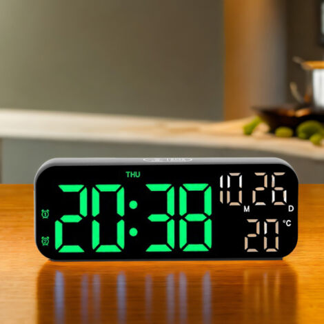 Reloj despertador LED [2 alarmas] Reloj digital multifuncional con temporizador de cuenta regresiva, control por voz, indicador de temperatura y 3 niveles de brillo, carcasa de ABS, 17,5 x 3,5 x 6,8 c