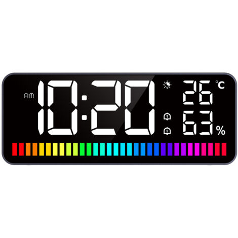 Reloj despertador LED con luz nocturna rítmica, reloj digital, pantalla grande, indicador de temperatura y humedad, doble alarma y función de repetición, brillo ajustable de 12/24 horas.