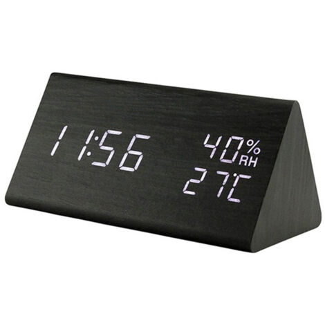 Reloj despertador LED de madera con indicador de temperatura y humedad.