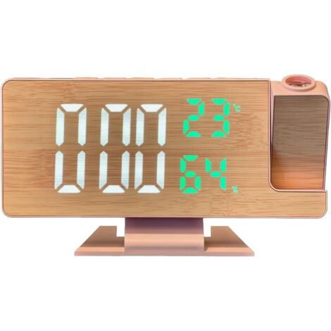 Reloj despertador LED de madera con pantalla de proyección: hora, temperatura, humedad y brillo