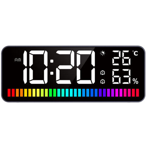 Reloj despertador LED, luz nocturna rítmica, reloj digital grande, indicador de temperatura y humedad, doble alarma con función de repetición, brillo ajustable de 12/24 horas.