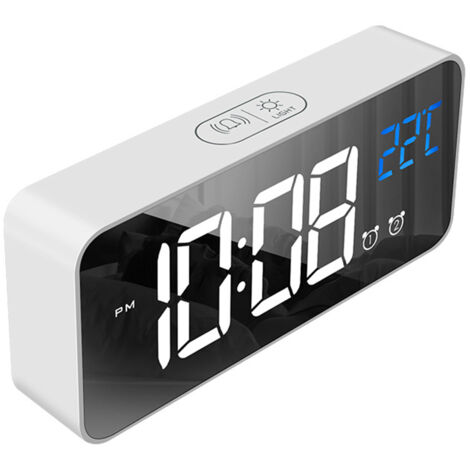 Reloj despertador LED multifuncional con superficie espejada, funcionamiento silencioso, para oficina o hogar, ABS blanco.