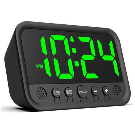 Reloj Despertador LED Verde para Dormitorio, Ajustable en Volumen y Brillo, Función Snooze, 12/24H