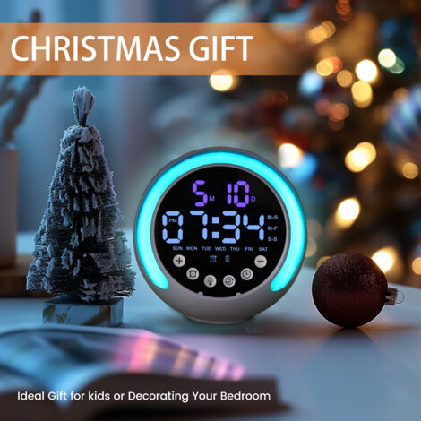 Reloj despertador multifuncional para niños con 5 niveles de brillo, iluminación RGB, función de alarma luminosa, calendario, días de la semana y fecha de la semana.