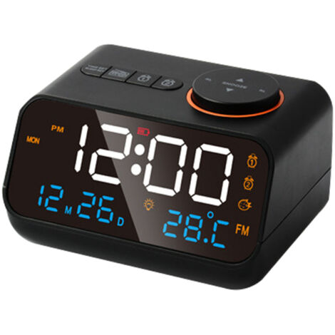 Reloj despertador radio LED multifuncional con función de música recargable, radio FM, diseño moderno, carcasa de ABS negro.