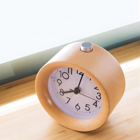 Reloj despertador redondo de madera con modo silencioso simulado, números arábigos, función para conciliar el sueño, función de luz nocturna, funciona con pilas, fácil de configurar, apto para escrito