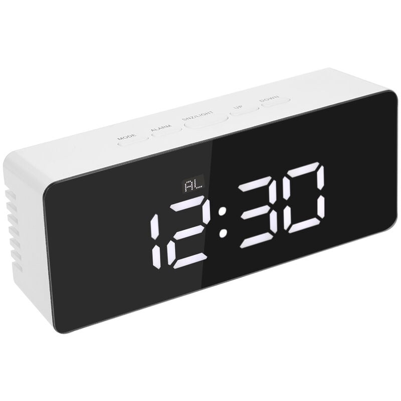 

Reloj digital con espejo LED, alarma 12H / 24H, termometro interior °C / °F, blanco